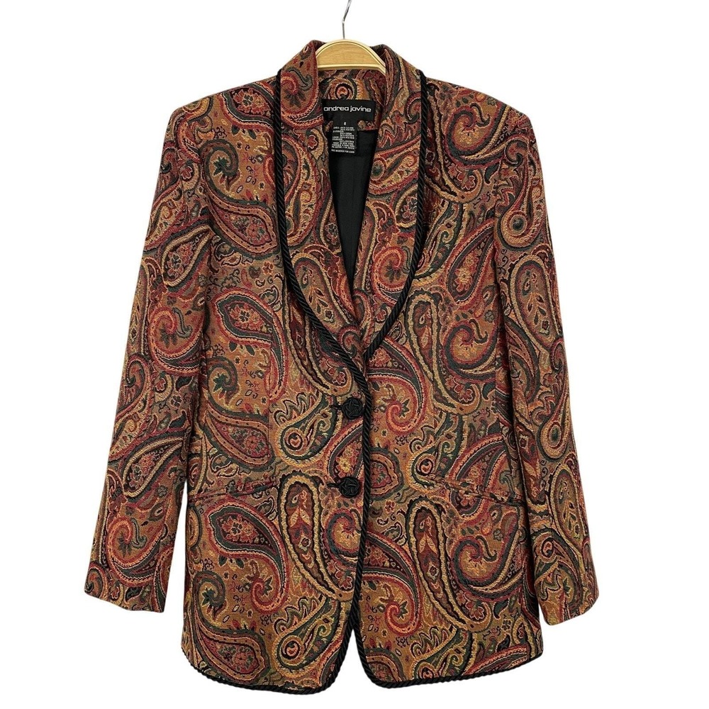 VTG 90s Andrea Jovine Paisley Tapestry Blazer Women 8 Boho Jacket Shawl Collar